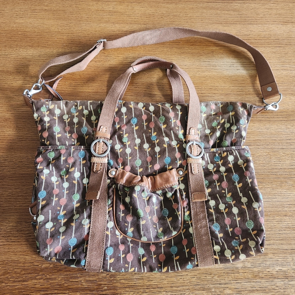 FOSSIL Weekeneder Canvas Duffle Bag in Brown and Green Floral with Leather Trim